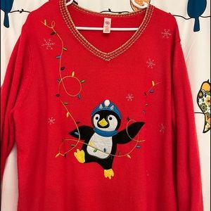 Red sweater with dancing penguin - 3X